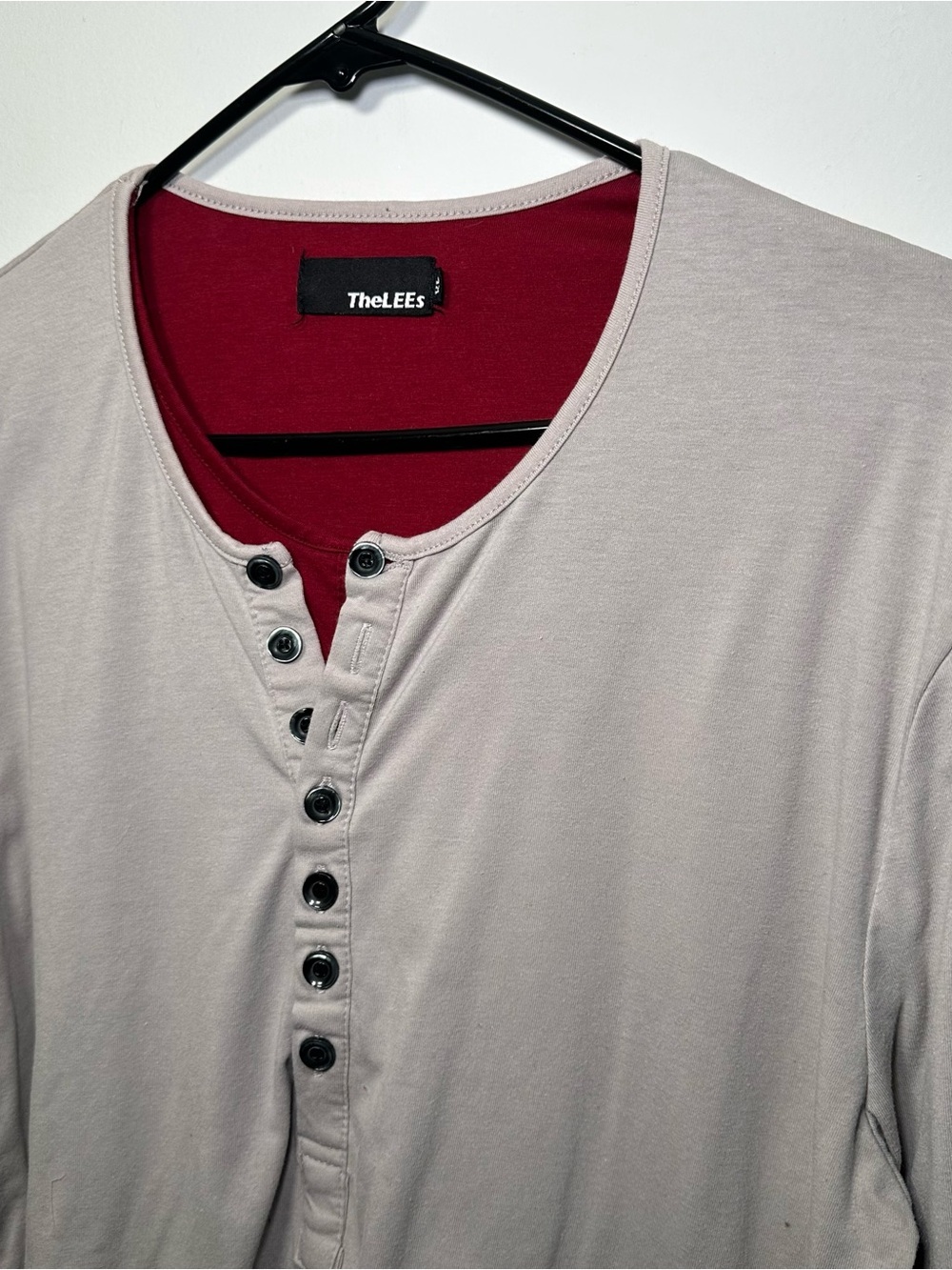 TheLEES XL Long Sleeve Henley Shirt Gray Red Layered Look 100% Cotton Men's - Picture 6 of 16